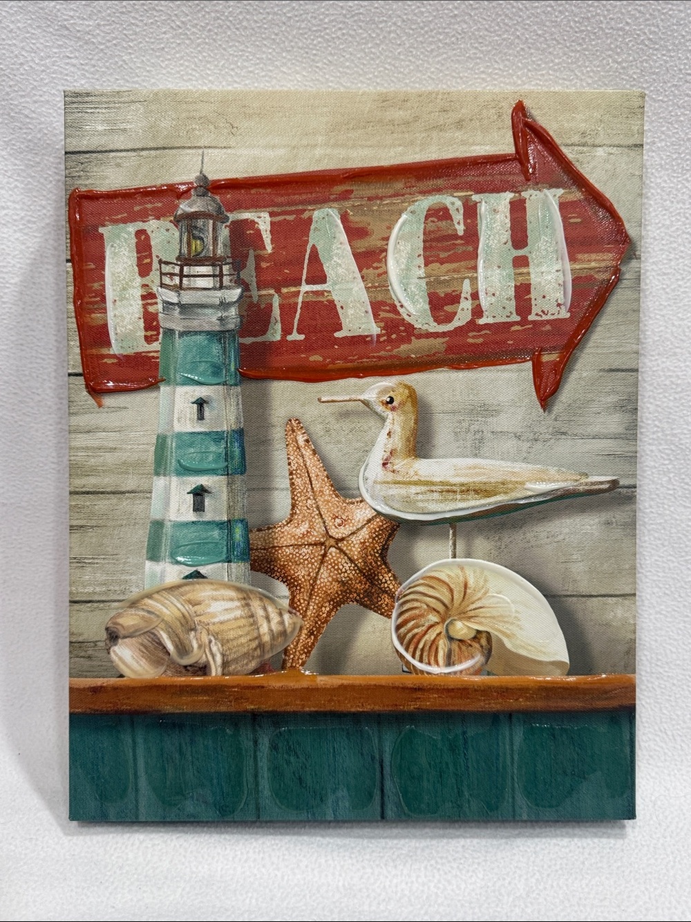 Beach Lighthouse Wall Art in Red, Teal, and Cream - Coastal Decor